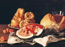 Meléndez, Luis: Glass of Wine, Watermelon and Bread