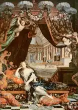 Gascard, Henri: Portrait of Madame de Montespan (1640-1707) reclining in front of gallery of the Chateau de Clagny