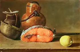 Meléndez, Luis: Still Life with a Piece of Salmon, a Lemon and Kitchen Utensils