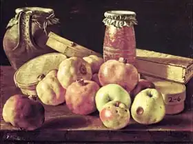 Meléndez, Luis: Still Life with Pomegranates, Apples, a Pot of Jam and a Stone Pot