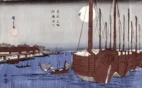 Hiroshige, Ando or Utagawa: Tsukudajima island and the Fukagawa district under the full moon, from the series 