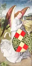 Weyden, Rogier van der: Angel holding a shield emblazoned with the heraldic arms of the de Chaugy and Montagu arms, 1460-66