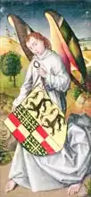Weyden, Rogier van der: Angel holding a shield with the heraldic arms of de Chaugy and Montagu families with the two leopards of the de Jaucourt family, 1460-66