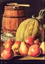 Meléndez, Luis: Still Life with pears, melon and barrel for marinading