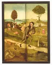 Bosch, Hieronymus: The Haywain, with panels closed showing Everyman walking the Path of Life