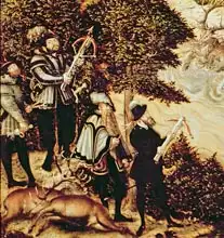 Cranach, Lucas: Johann Friedrich the Magnanimous, Elector of Saxony and Emperor Charles V hunting deer near Hartenfels Castle, Torgau