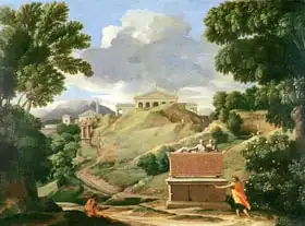 Poussin, Nicolas: Landscape with classical ruins and Etruscan sarcophagus