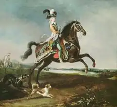 Brun or Brun de Versoix, Louis Auguste: Equestrian Portrait of Marie-Antoinette (1755-93) in Hunting Attire