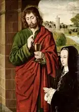 Unknown: Anne of France (1462-1522) Lady of Beaujeu, Duchess of Bourbon, presented by St. John the Evangelist, right hand wing of a triptych, c.1492-93