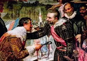 Velazquez, Diego: The Surrender of Breda (1625), detail of Justin de Nassau handing the keys over to Ambroise Spinola (1569-1630) on the 5th June 1625