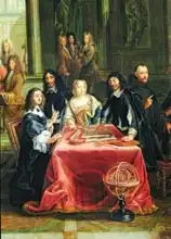 Dumesnil, Pierre Louis: Christina of Sweden (1626-89) and her Court: detail of the Queen and Rene Descartes (1596-1650) at the Table