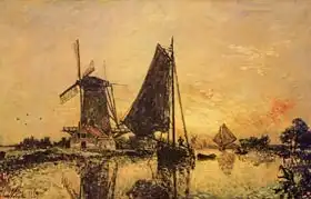 Jongkind, Johan: In Holland, Boats near a Windmill