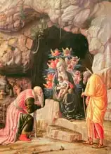 Mantegna, Andrea: Adoration of the Magi triptych, detail of the adoration: the Virgin, Saint Joseph and a wise man, c.1466