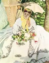 Monet, Claude: Femmes au jardin (detail of a seated young woman carrying a parasol)