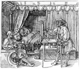 Dürer, Albrecht: A draughtsman taking details for a portrait, using a perspective apparatus for drawing onto glass, from 