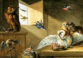 Kessel, Jan van, the elder: A Family of Owls, other Birds and a Cat
