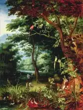 Brueghel, Jan, the younger: Paradise scene with Adam and Eve
