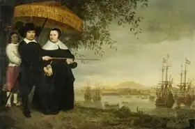 Cuyp, Aelbert: A senior merchant of the Dutch East India Company Jacob Mathieusen and his wife at Batavia where Dutch East India Company ships prepare to sail home c.1640-60