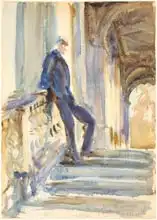 Sargent, John Singer: Sir Neville Wilkinson on the Steps of the Palladian Bridge at Wilton House, 1904-5