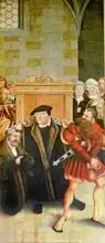 Cranach, Lucas: Triptych - Philipp Melanchthon performs a baptism assisted by Martin Luther, Last Supper with Luther amongst the Apostles, Luther makes his confession