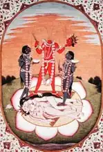 Indian school (19th century): Icon of Chinnamasta, the Mahavidya arising from the joined bodies of the Originating Couple, Kangra