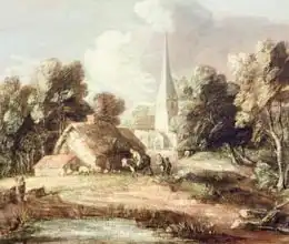 Gainsborough, Thomas: Landscape with a Church, Cottage, Villagers and Animals, c.1771-2