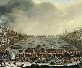 English school (17th century): The Frost Fair of the winter of 1683-4 on the Thames, with Old London Bridge in the Distance