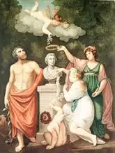 English school (19th century): Aesculapius, Flora, Ceres and Cupid Honouring the Bust of Linnaeus, plate 17 from 